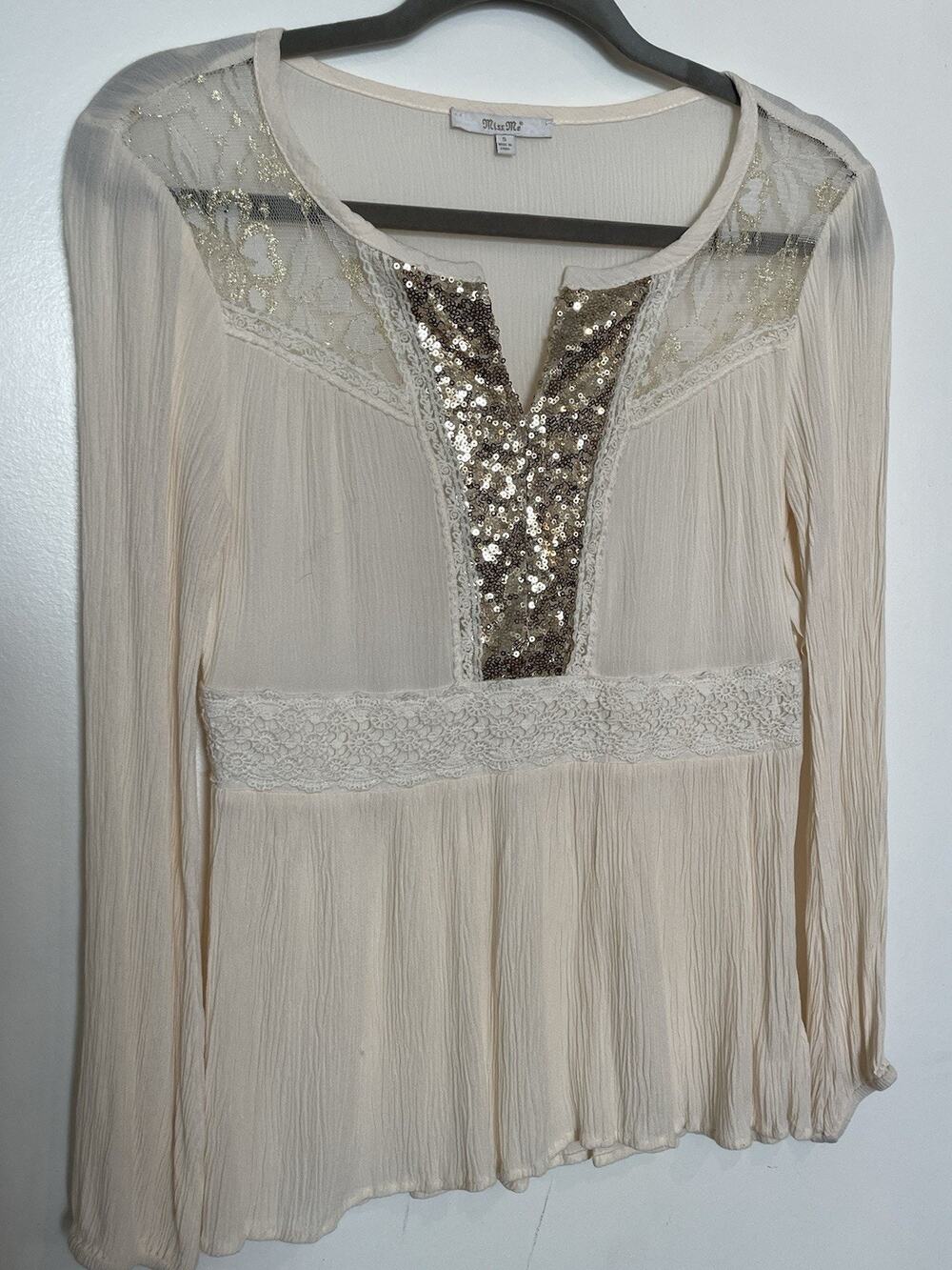Miss Me Blouse S Small Ivory Lace Gold Sequins Long Sleeves Shirt Top